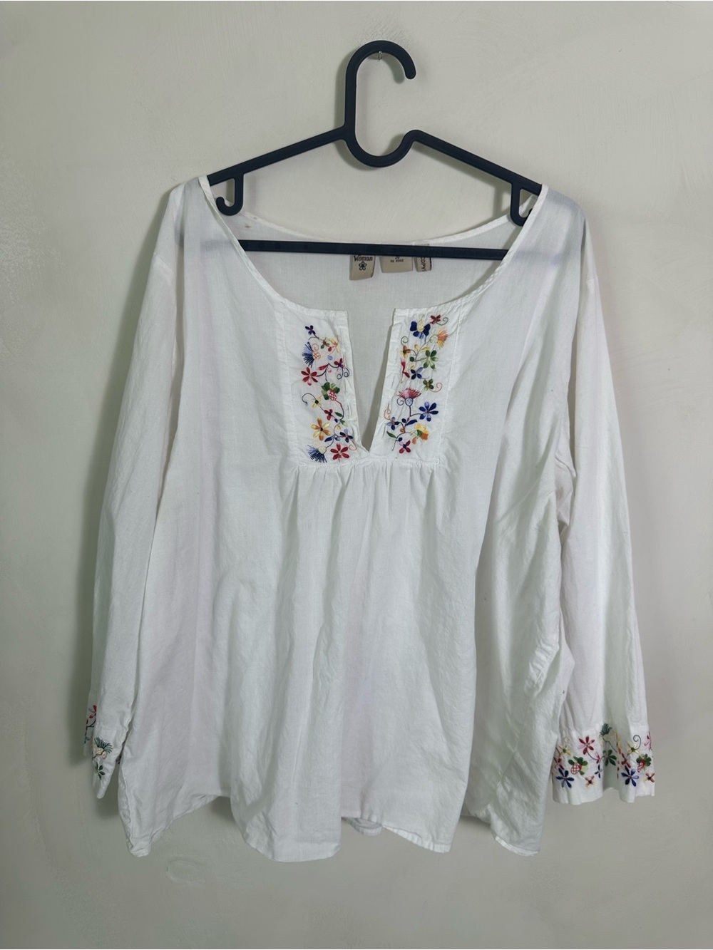 Quizz Woman Boho White Embroidered Long-Sleeve Peasant Blouse Cotton Size 20